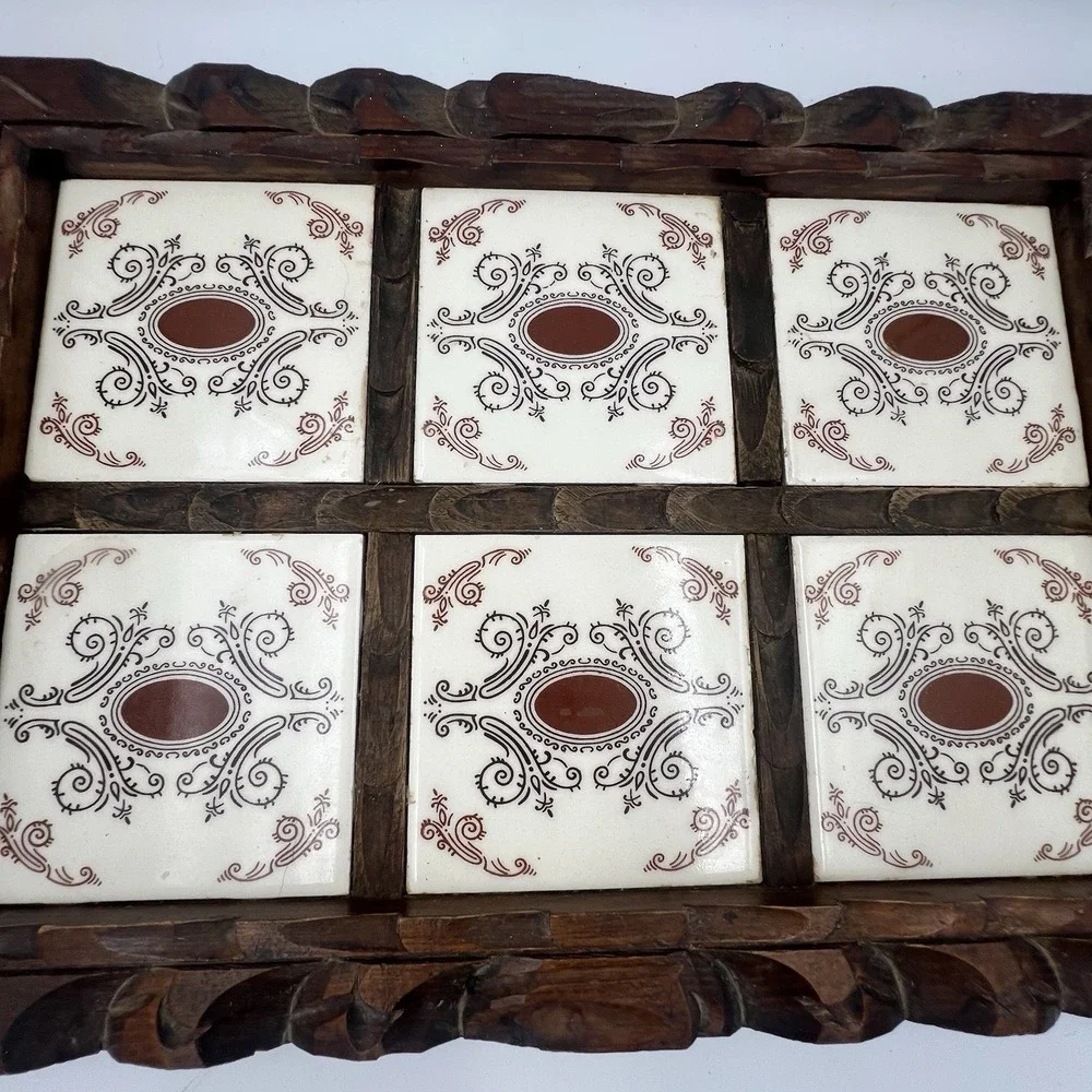 Vintage Hand Carved Mexican Folk Art Wood Serving Tray Ceramic Tiles 22 x 12.5